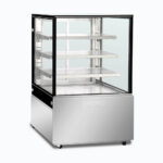 Image of a 900mm wide stainless steel ambient food display, left angled view.