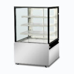 Image of a 900mm wide stainless steel ambient food display, right angled view.