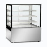 Image of a 1200mm wide stainless steel ambient food display, left angled view.