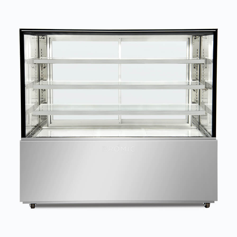 Image of a 1500mm wide stainless steel ambient food display, front view.