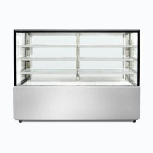 Image of a 1800mm wide stainless steel ambient food display, front view.