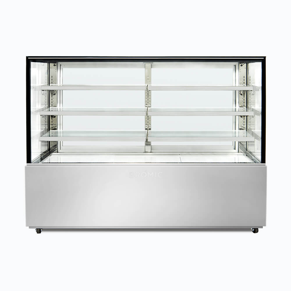 Image of a 1800mm wide stainless steel ambient food display, front view.