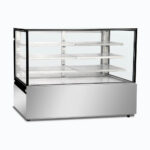 Image of a 1800mm wide stainless steel ambient food display, left angled view.
