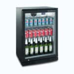 Image of a 118L black under bench display bar fridge with drinks inside.