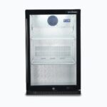 Image of a 118L black under bench display bar fridge with a hinged door, front view.