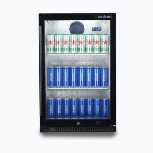 Image of a 118L black under bench display bar fridge with a hinged door, front view with stock inside.