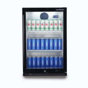 Image of a 118L black under bench display bar fridge with a hinged door, front view with stock inside.