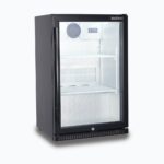 Image of a 118L black under bench display bar fridge with a hinged door, left view.