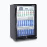 Image of a 118L black under bench display bar fridge with a hinged door, left view with stock inside.