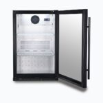Image of a 118L black under bench display bar fridge with a hinged door opened.