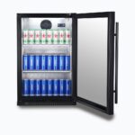 Image of a 118L black under bench display bar fridge with a hinged door opened with stock inside.