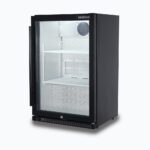 Image of a 118L black under bench display bar fridge with a hinged door, right view.