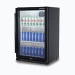 Image of a 118L black under bench display bar fridge with a hinged door, right view with stock inside.