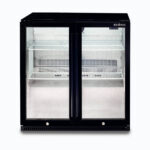 Image of a 190L black under bench display bar fridge with hinged doors, front view.