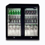 Image of a 190L black under bench display bar fridge with hinged doors, front view with drinks inside.