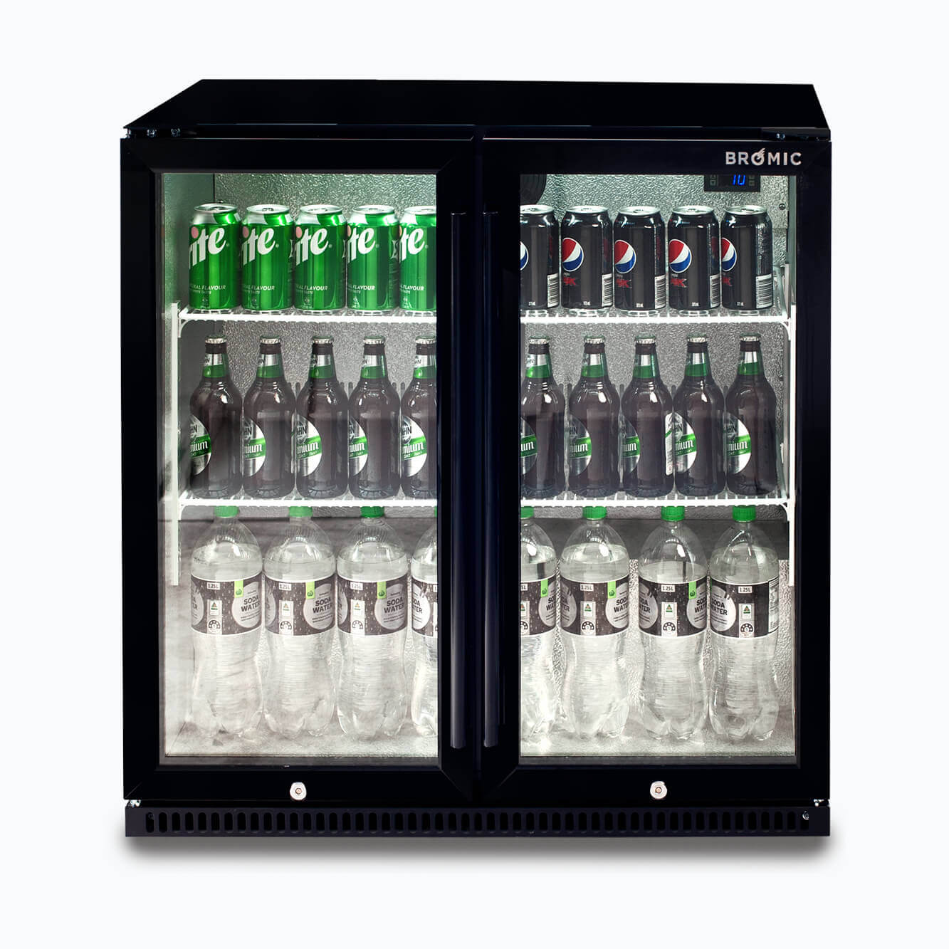 Image of a 190L black under bench display bar fridge with hinged doors, front view with drinks inside.