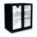 Image of a 190L black under bench display bar fridge with hinged doors, left angled view.