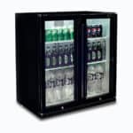 Image of a 190L black under bench display bar fridge with hinged doors, left angled view with drinks inside.