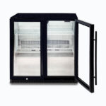 Image of a 190L black under bench display bar fridge with opened hinged doors.