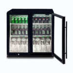 Image of a 190L black under bench display bar fridge with opened hinged doors.