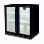 Image of a 190L black under bench display bar fridge with hinged doors, right angled view.