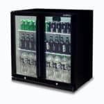 Image of a 190L black under bench display bar fridge with hinged doors, right angled view with drinks inside.