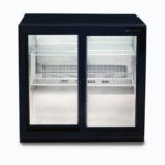 Image of a 190L black under bench display bar fridge with sliding doors, front view.