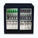 Image of a 190L black under bench display bar fridge with sliding doors, front view with drinks inside.