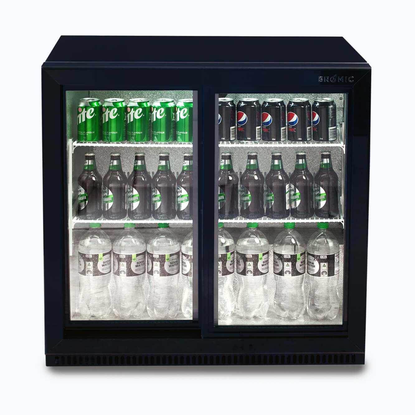 Image of a 190L black under bench display bar fridge with sliding doors, front view with drinks inside.