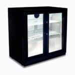 Image of a 190L black under bench display bar fridge with sliding doors, left angled view.