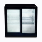 Image of a 190L black under bench display bar fridge with opened sliding doors.