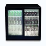Image of a 190L black under bench display bar fridge with opened sliding doors.