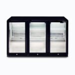 Image of a 307L black under bench display bar fridge with hinged doors, front view.
