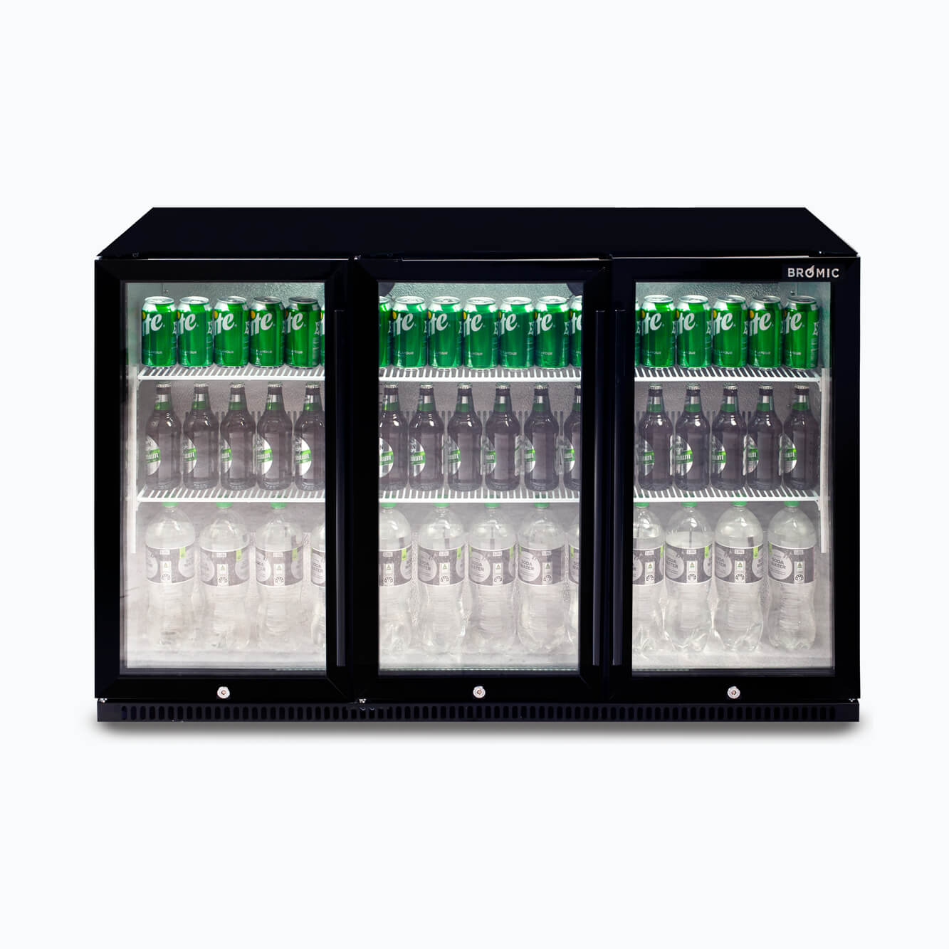 Image of a 307L black under bench display bar fridge with hinged doors, front view with drinks inside.