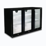 Image of a 307L black under bench display bar fridge with hinged doors, left angled view.