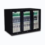 Image of a 307L black under bench display bar fridge with hinged doors, left angled view with drinks inside.
