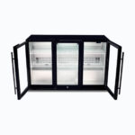 Image of a 307L black under bench display bar fridge with opened hinged doors.