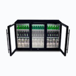 Image of a 307L black under bench display bar fridge with opened hinged doors.
