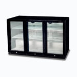 Image of a 307L black under bench display bar fridge with hinged doors, right angled view.