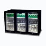 Image of a 307L black under bench display bar fridge with hinged doors, right angled view with drinks inside.