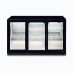 Image of a 307L black under bench display bar fridge with sliding doors, front view.