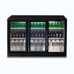 Image of a 307L black under bench display bar fridge with sliding doors, front view with the door opened.