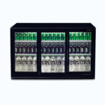 Image of a 307L black under bench display bar fridge with sliding doors, front view with drinks inside.