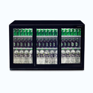 Image of a 307L black under bench display bar fridge with sliding doors, front view with drinks inside.
