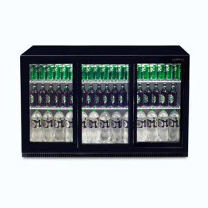 Image of a 307L black under bench display bar fridge with sliding doors, front view with drinks inside.