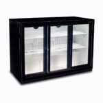 Image of a 307L black under bench display bar fridge with sliding doors, left angled view.