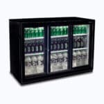 Image of a 307L black under bench display bar fridge with sliding doors, left angled view with drinks inside.