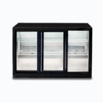 Image of a 307L black under bench display bar fridge with opened sliding doors.
