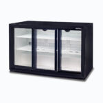Image of a 307L black under bench display bar fridge with sliding doors, right angled view.