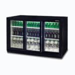 Image of a 307L black under bench display bar fridge with sliding doors, right angled view with drinks inside.